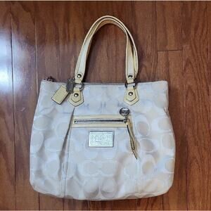 Coach Cream Shoulder Bag with Monogram and Gold Hardware D1120-16289